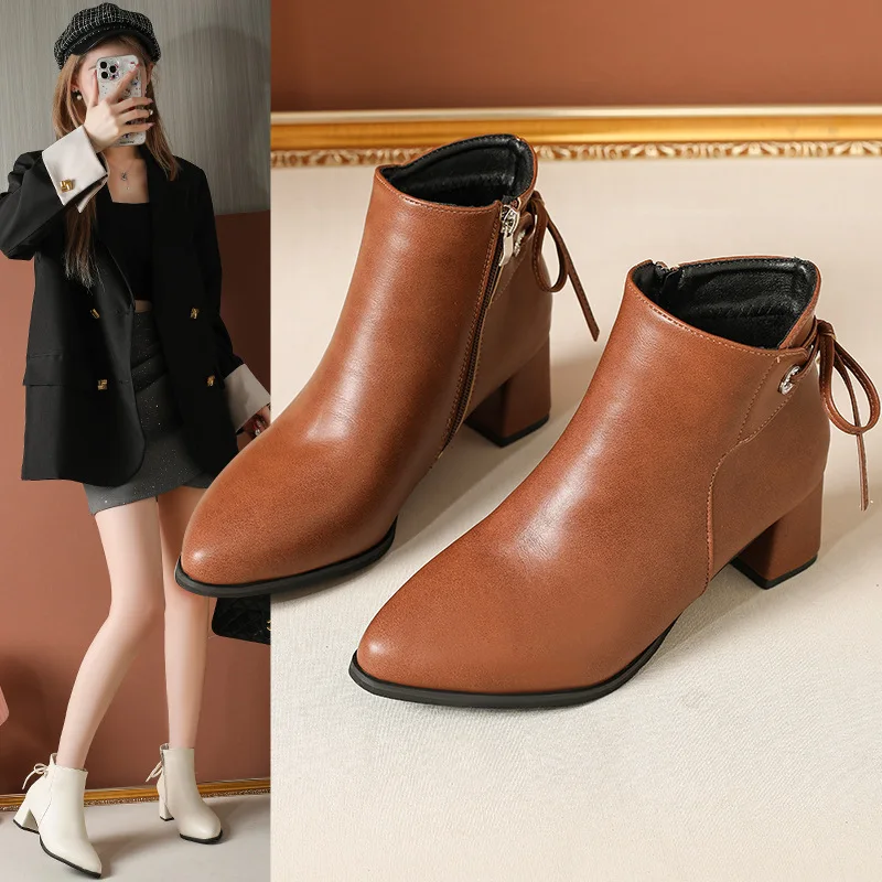 

2025 Winter new style pointed-toe back lace-decorated mid-heel fashion boots for export, large-sized side zipper thick-heeled an