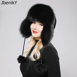 2024 New Women Natural Fox Fur Russian Ushanka Hats Winter Thick Warm Ears Fashion Bomber Hat Lady Genuine Real Fox Fur Cap