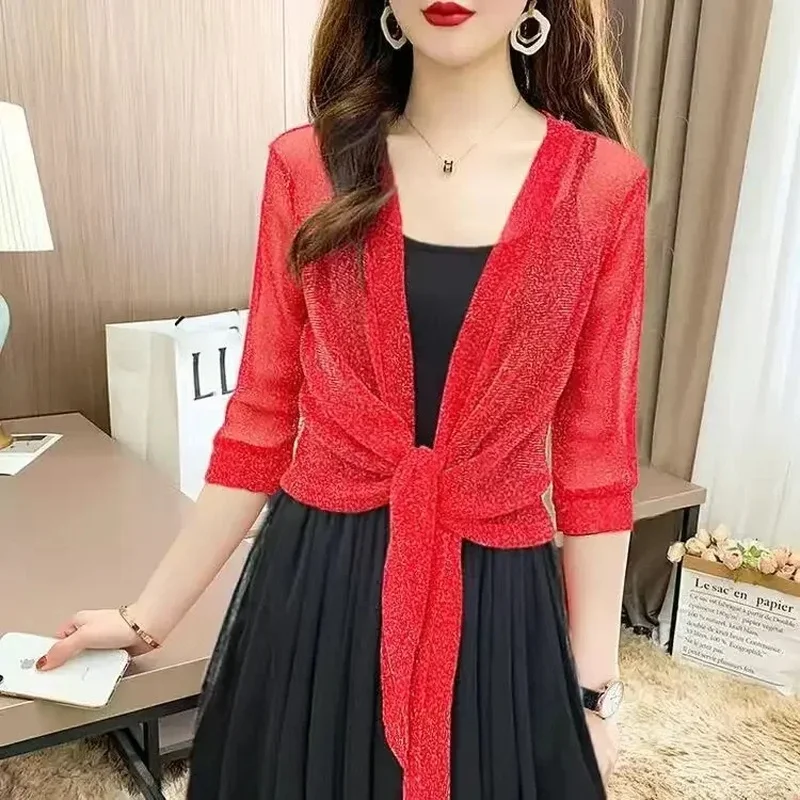 Womens Stylish Jacket Cardigan Half Sleeve Front Lace-up Summer Coat  Ladies Sexy Thin Sunscreen Short Jacket  Blusas De Mujer