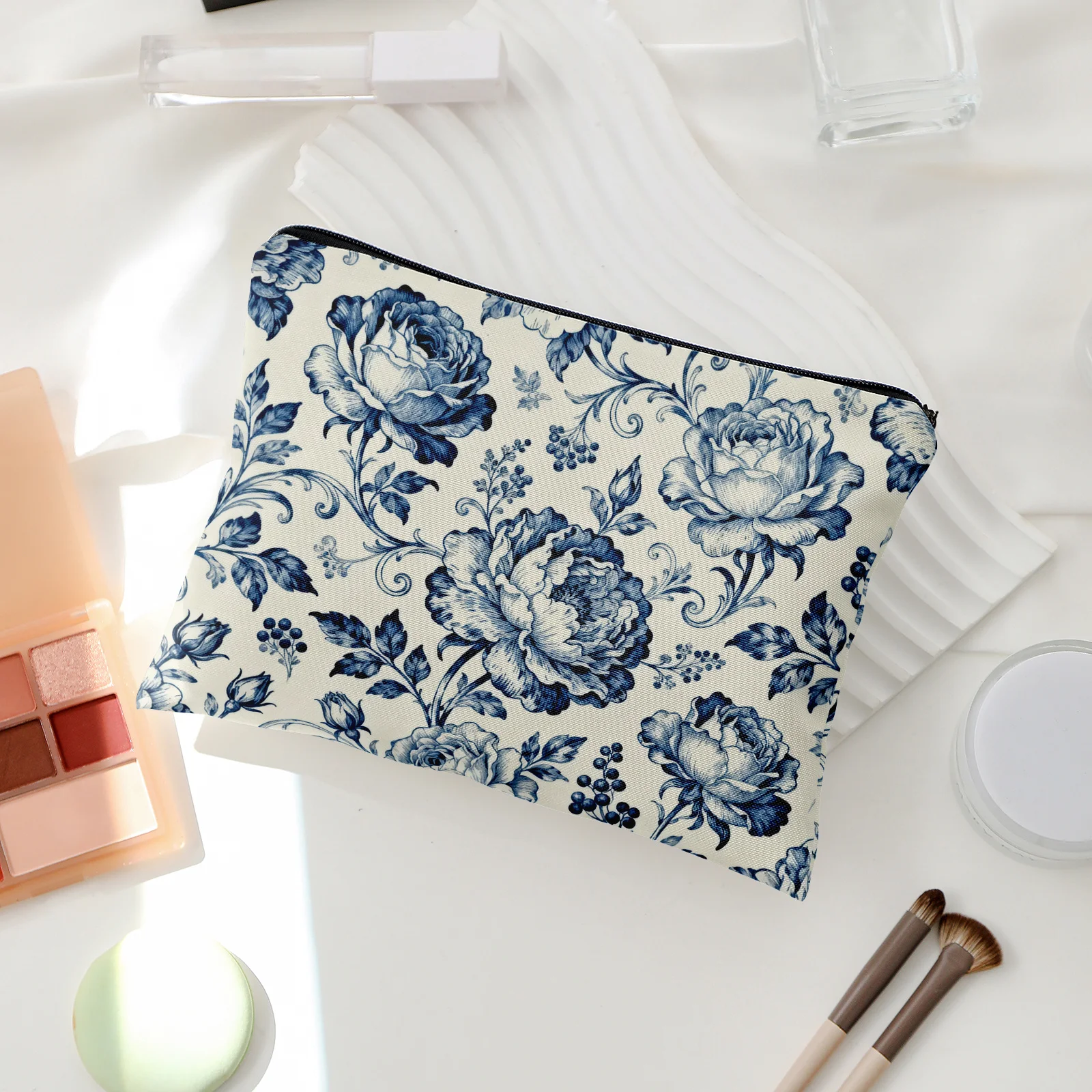 Blue and White Porcelain Style Storage Bag Peony Rose Double Makeup Bag Travel Toiletry with Lining Multi Functional Organizer
