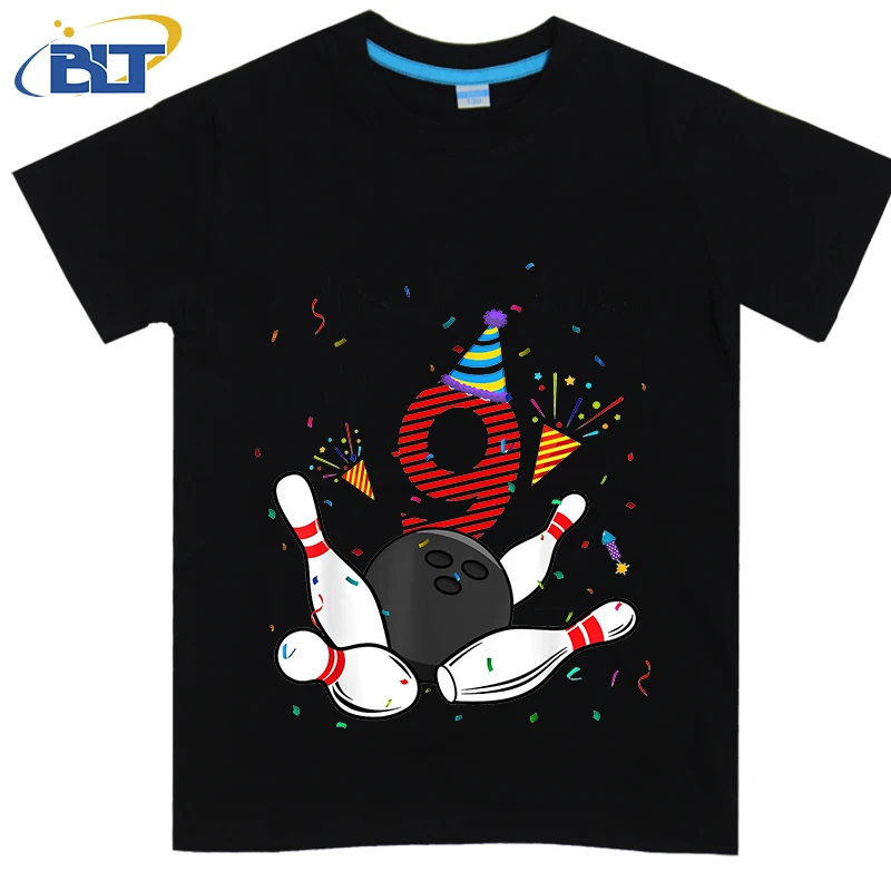 

9th Birthday Bowling printed kids T-shirt, summer cotton short-sleeved casual top, suitable for both boys and girls