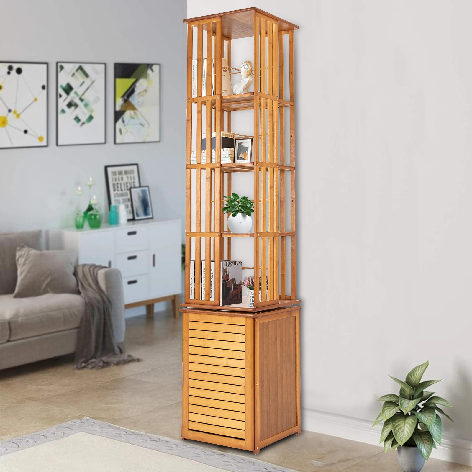 6-Tier Corner Bamboo Book Shelf Waterproof 360° Rotating Storage Display Rack Floor Standing Bookcase Shutter Door Design for Living Room Study Room Office,37*37*172cm image 2