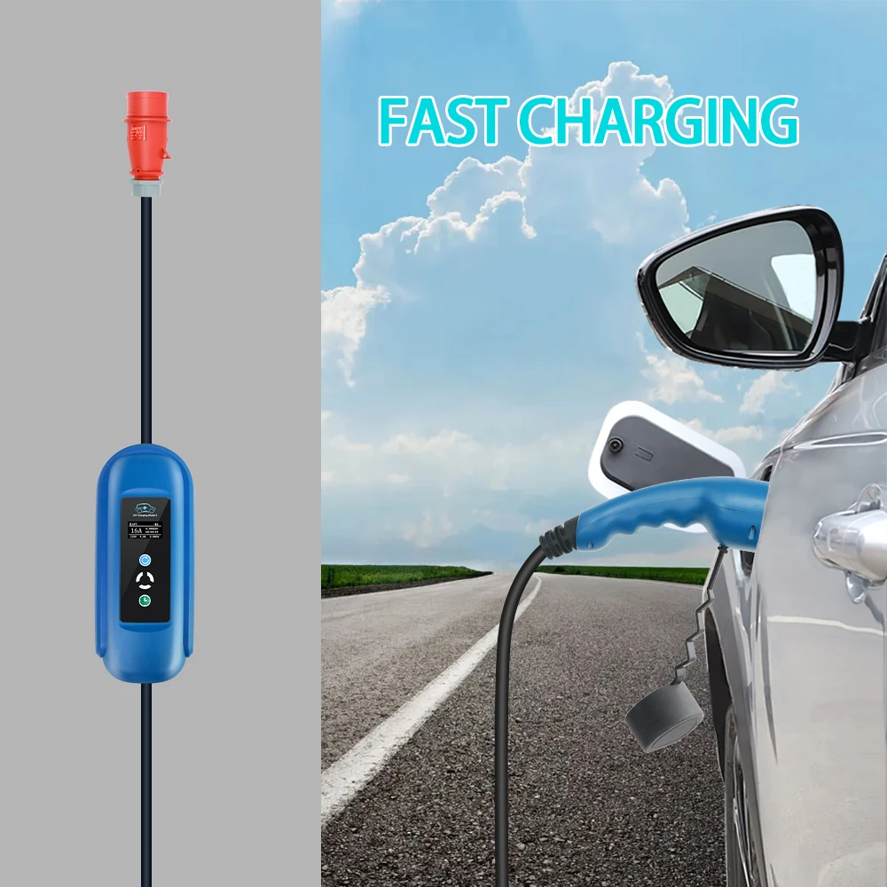 Level 2 EV Charger Adjustable Type 2 IEC 62196-2 11kw 16A 3P Portable EVSE CEE Plug for Electric Vehicle Cars Charger 5 M