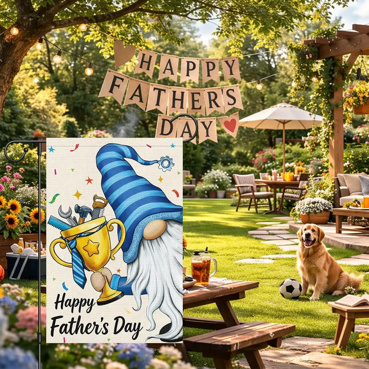 Heyfibro Happy Father's Day Gnome Garden Flag 12x18 Double Sided Burlap, with Tool Trophy Blue Striped Yard Banner for B IIC