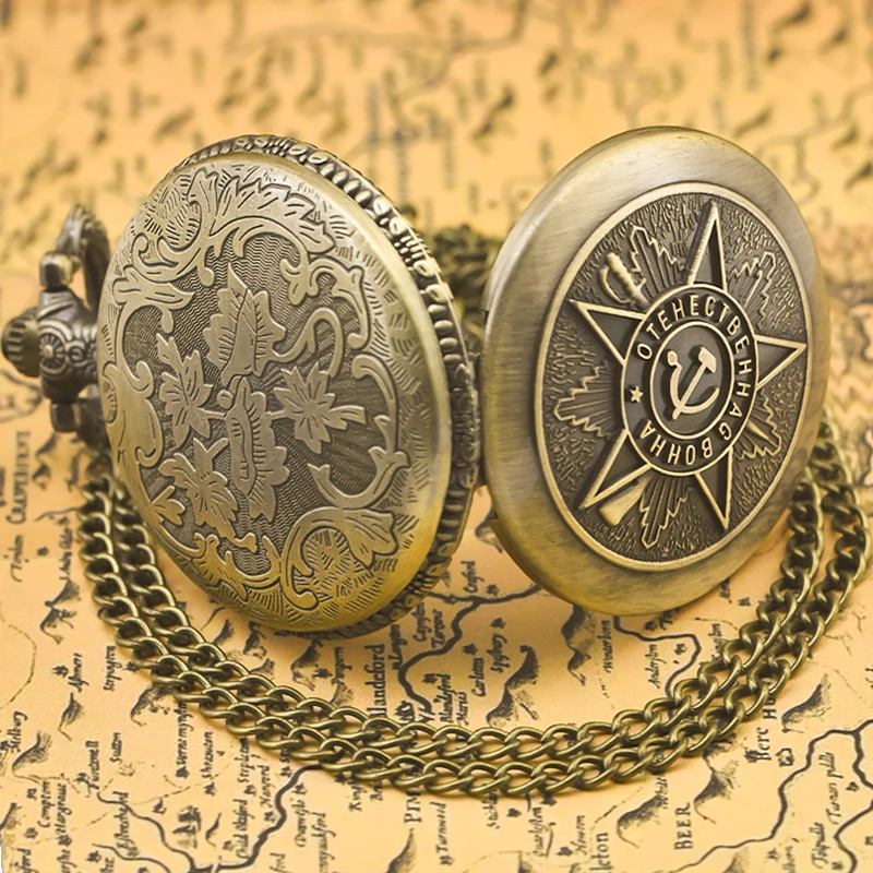 Vintage Perunggu Steampunk Proletarian Mark Diukir Kuarsa Jam Saku Kalung Liontin Jam Rantai Pria Wanita Rantai Hadiah