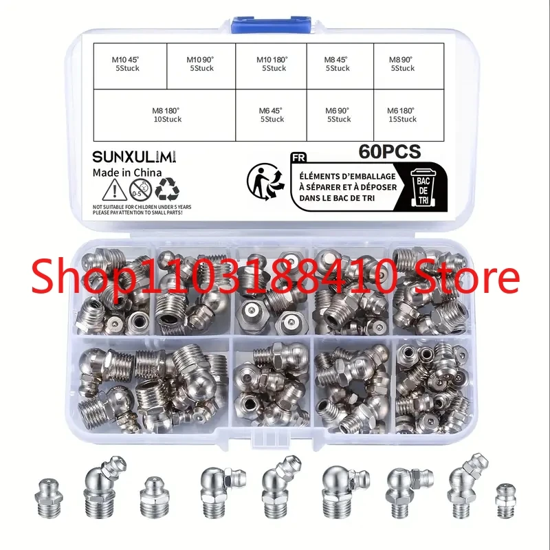 

Metric grease fitting kit, 90 hydraulic nozzle combination kit, 30 90 degree grease gun fittings, M6 M8 M10 straight and angled