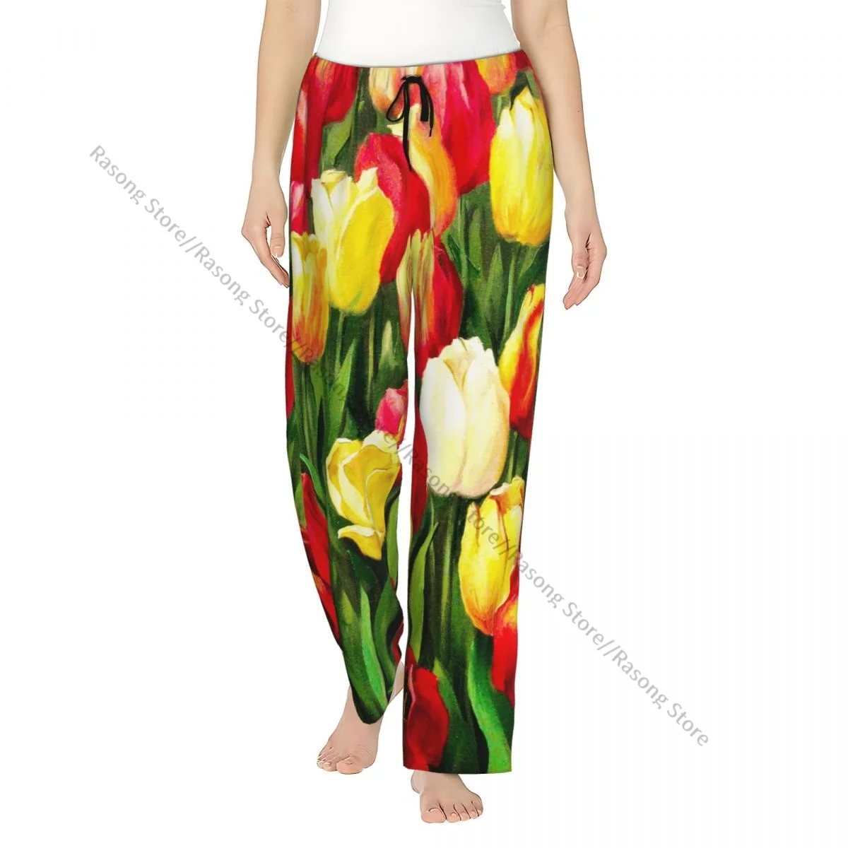 

Пижамные штаны с рисунком тюльпанов для женщин, мягкие штаны для сна с эластичным поясом