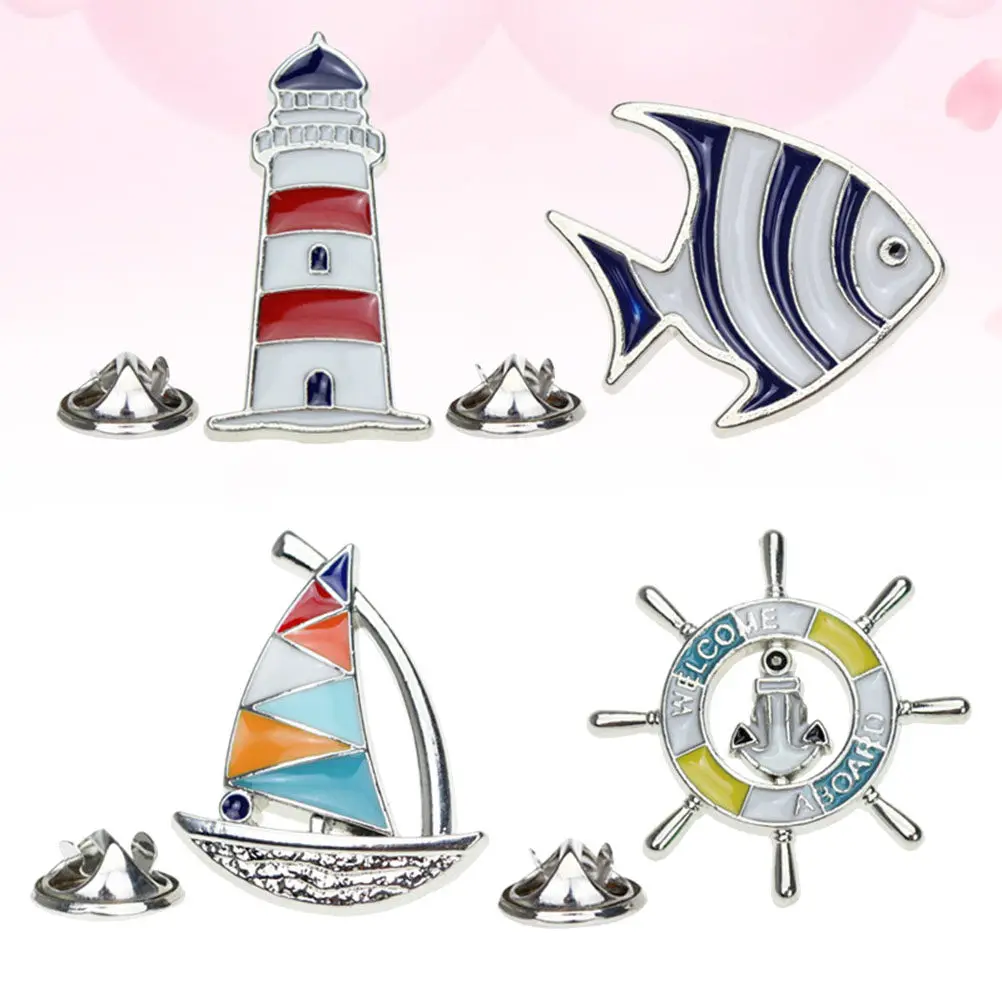 4Pcs Metal Brooch Creative Mediterranean Sailing Lighthouse Stylish Lightweight Collar Pin Fashion Clothing Accessory Mini