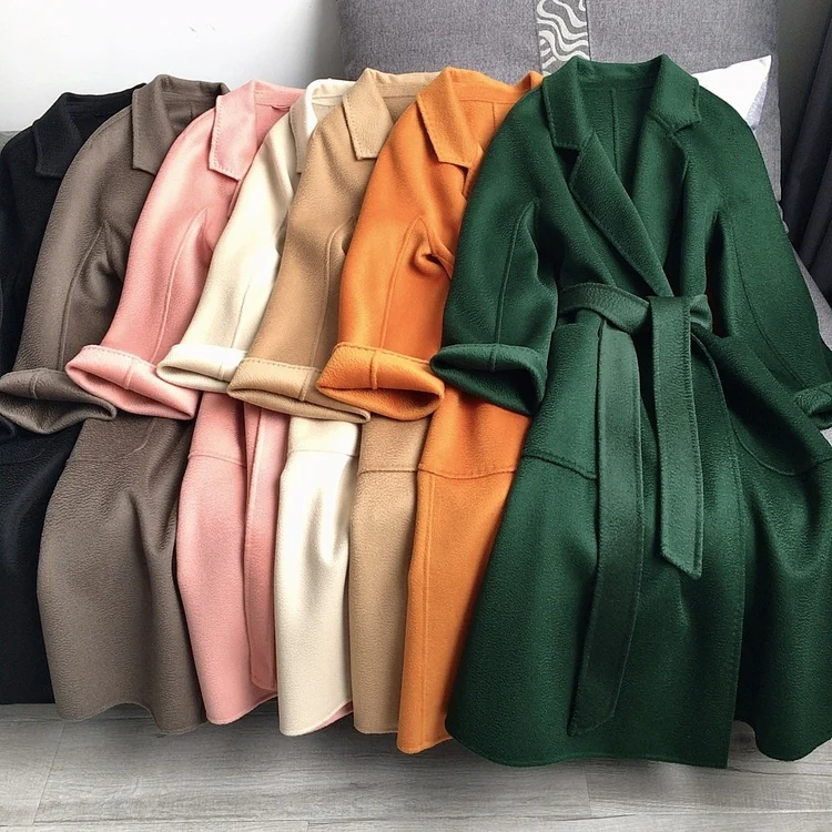 Casual Big Size Thick Water Ripple Handmade Double-sided Wool Women Coat Lapel Long Seelve Loose Belt Jacket New Autumn Winter