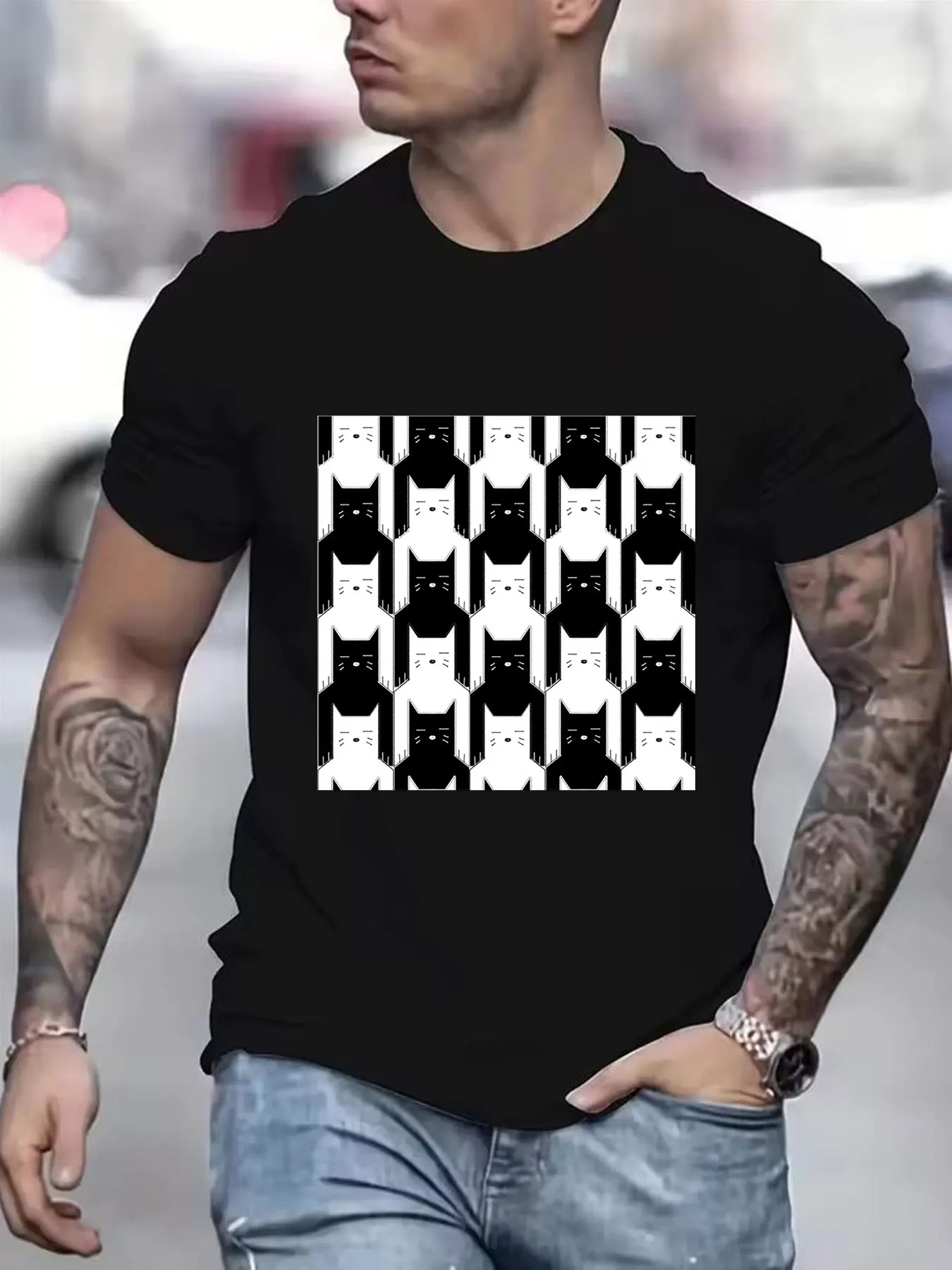 Men's Pure Cotton T-Shirt with Fun Black White Cat Optical Illusion Print, Casual Crew Neck Short Sleeve Tee, Lightweight Breath