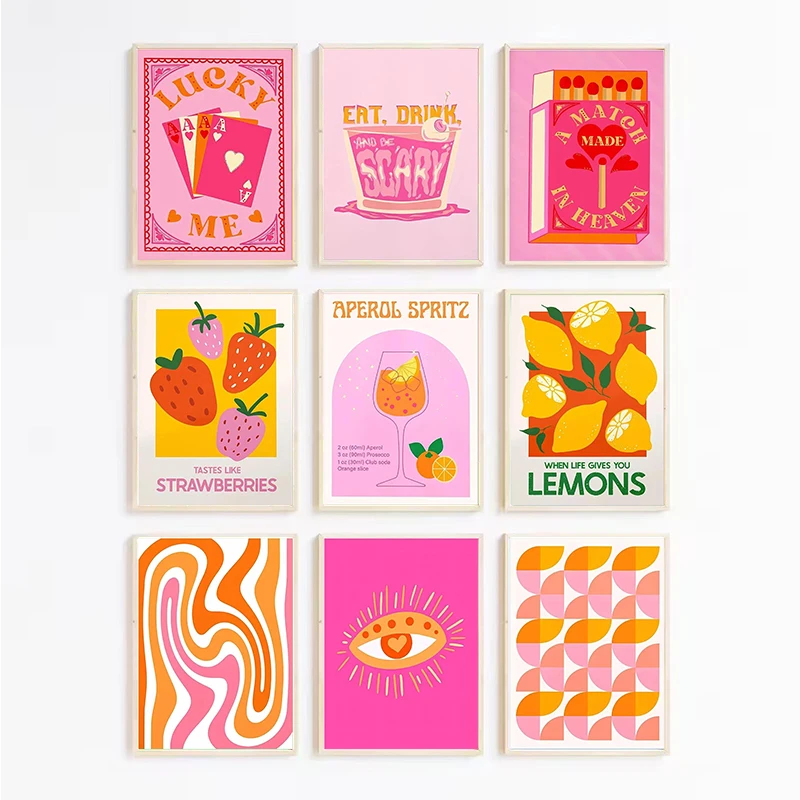 Cuadro sobre lienzo para pared colorido, color rosa y naranja, impresiones de carteles decorativos de fresa y limón, decoración moderna para dormitorio de niñas de vanguardia