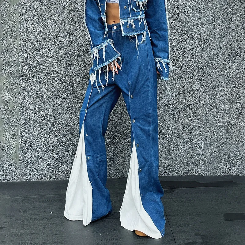 HKSH Fashionable Trendy Denim Pants 2024 Autumn New Women Metal Buckle Splied Color Block Fake Two-layer Distressed Jeans H2812