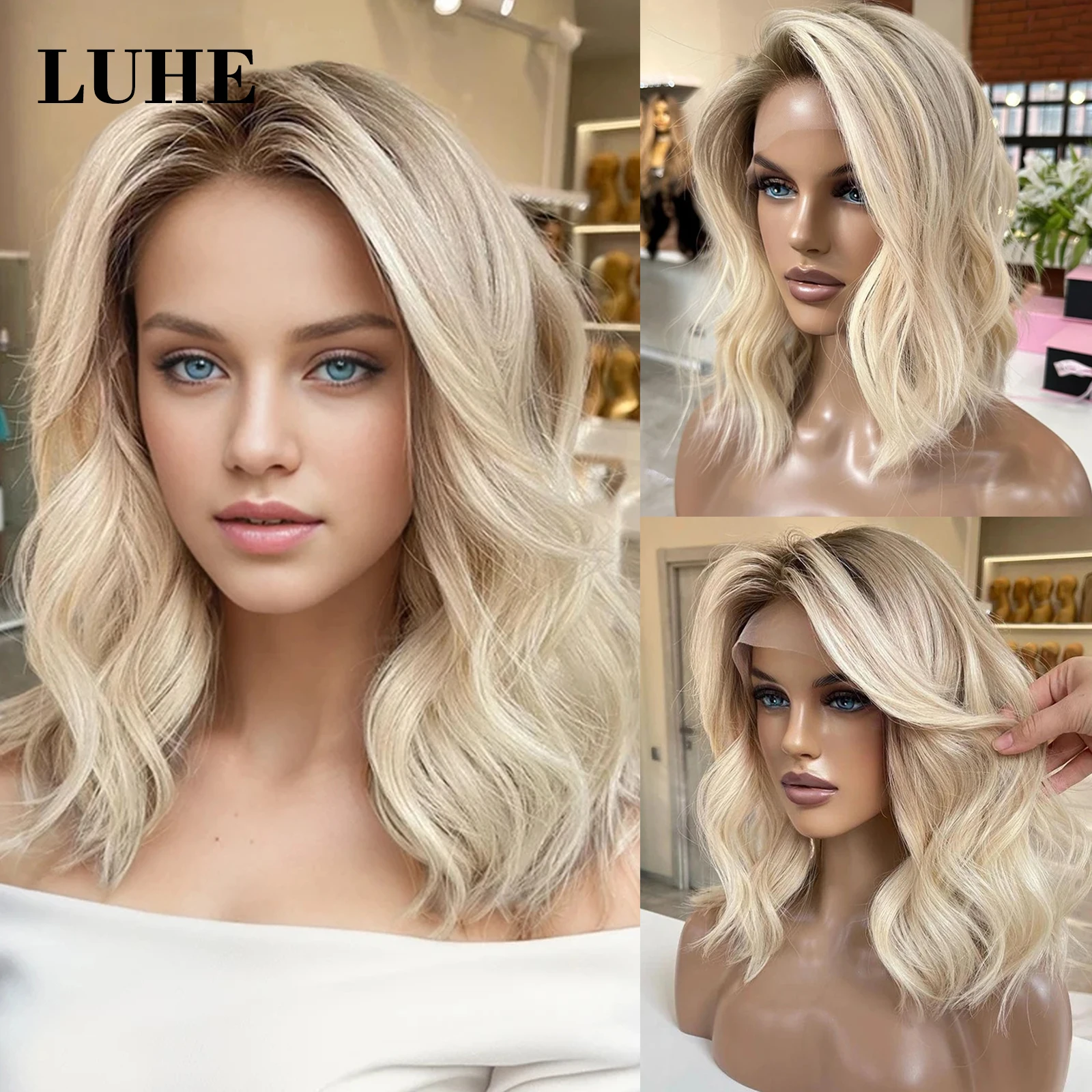 Ombre Ash Blonde Highlights 13x3 Lace Front Wigs for Women Synthetic Hair Dark Roots Short Wave Bob Lace Frontal Wig Daily Use