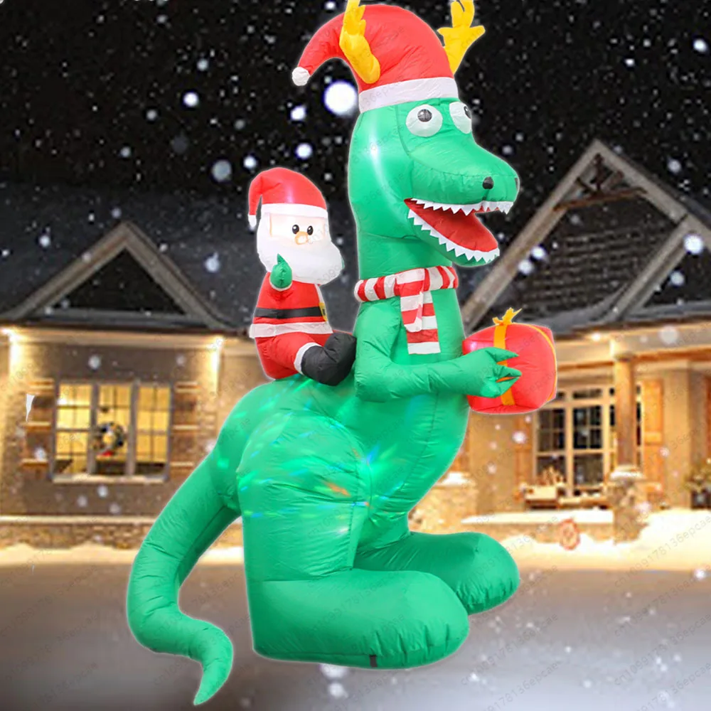8FT Christmas Inflatable Claus Back Gift Bag Ride Dinosaur Yard Party with Rotating Lights Inflatable