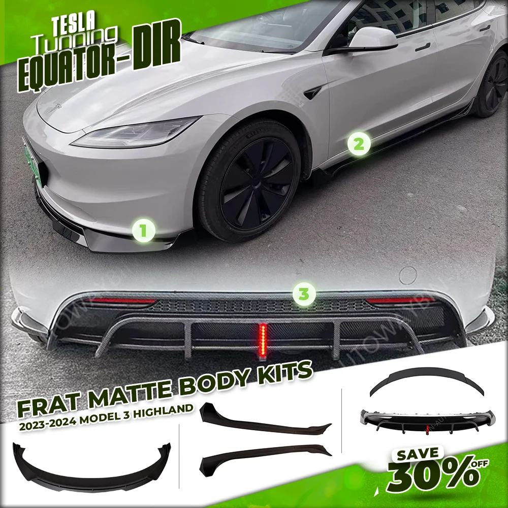 

Комплект тела Tesla для модели 3 Highland 2024, матовый черный задний диффузор, боковой спойлер, бампер для губ 2023-24 FRAT, Спортивная Настройка