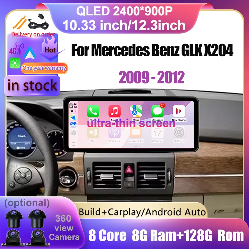

For Mercedes Benz GLK X204 2009 - 2012 Wireless BT GPS Navigation Ultra-thin Screen 4G Android 14 Player Multimedia Car Video