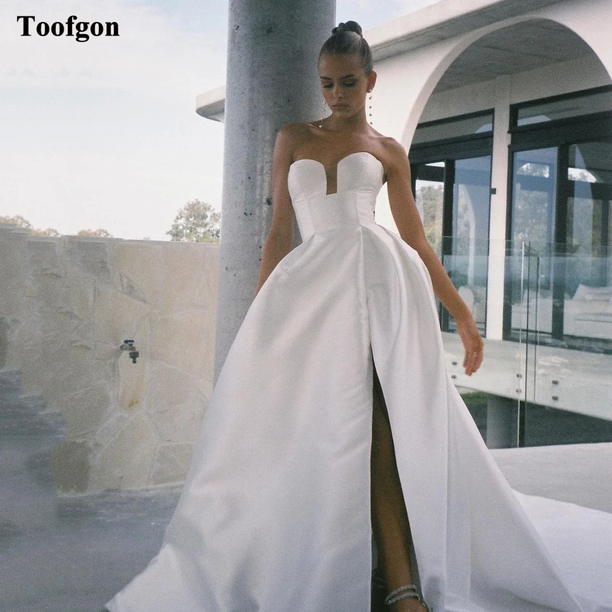 

Toofgon A Line Satin Wedding Dress For Bride Detachable Long Sleeves Split Sweep Train Wedding Gowns Boho Princess Bride Dress