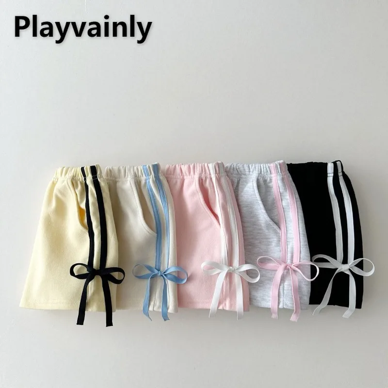 Korean Style New Summer Baby Girls Sports Shorts Side Seam Stripe Bow Elastic Waist Loose Pants Casual Children Clothes A24147