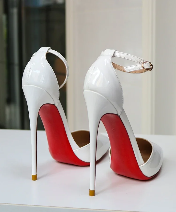 New red soled white high-heeled shoes with a straight strap for professional women, patent leather comfortable single shoes