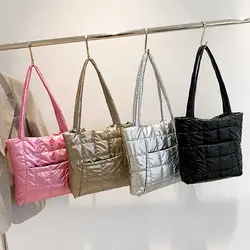 Girls Shopping Bags Underarm Bags Women Large Capacity Shoulder Bag Quilted Handbags Casual Down Cotton Padded Tote Bags