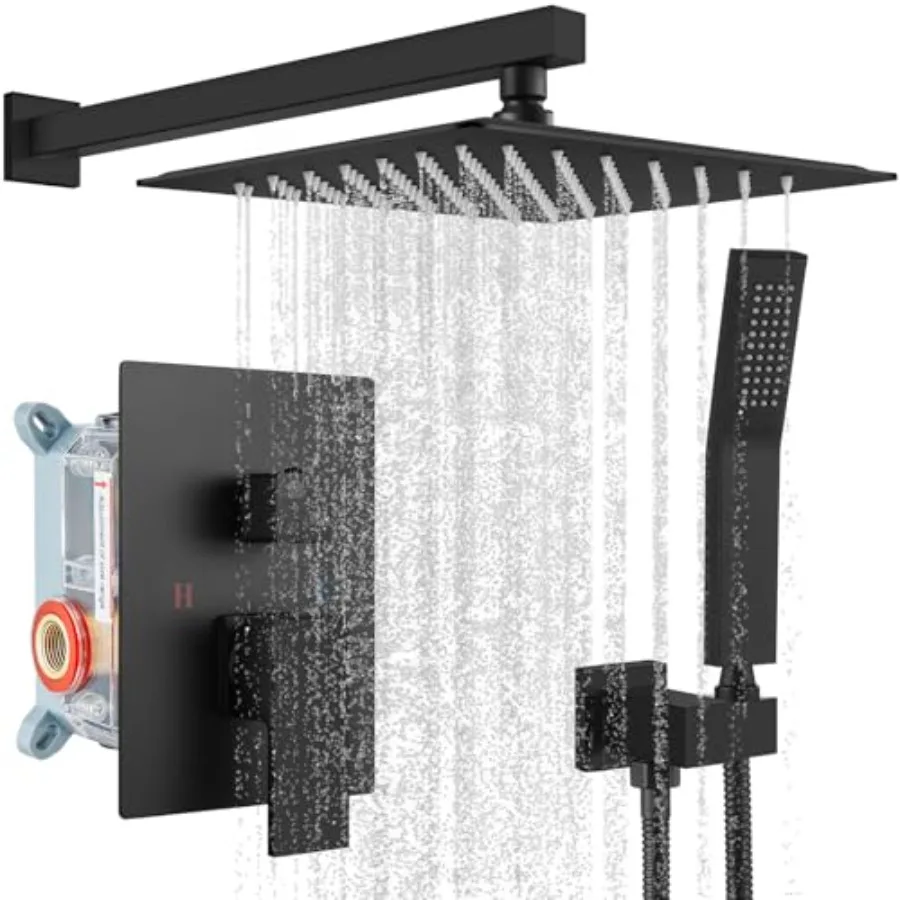 

Rainfall Bathroom Shower System: Matte Black Solid Brass Wall-Mounted Rain Shower Head Handle Set with Pressure-Balancing Mixer