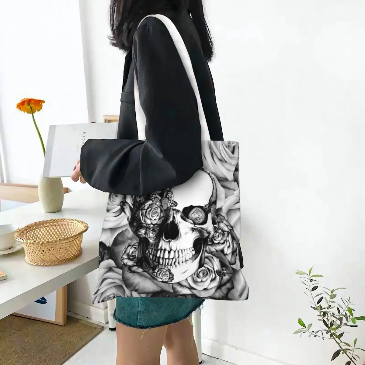 Rose Skull Floral Tote Bags Women Handbag Canvas Student Gothic Art Shoulder Bag Printed Grocery Bag