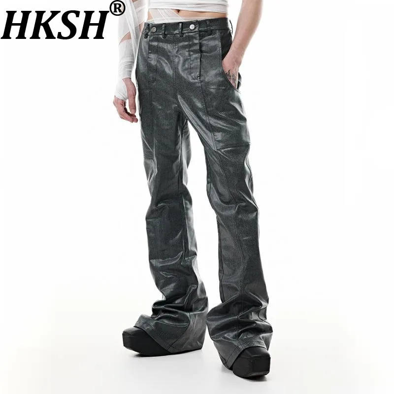 

HKSH весна осень новые мужские модные темные масляные восковые силуэты с разрезом с низкой талией в стиле пэчворк, облегающие универсальные модные брюки Ins HK18118