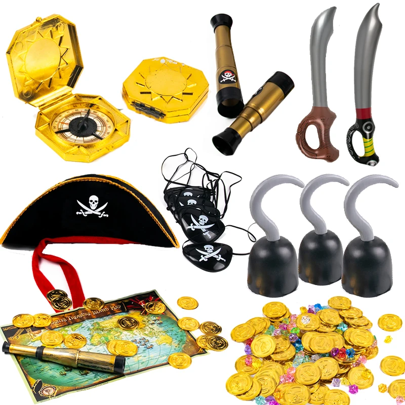 Accesorios de disfraz de capitán pirata para niños, Parche de ojo pirata, gancho, monedas, telescopio, regalo de recuerdo, juguete para fiesta de