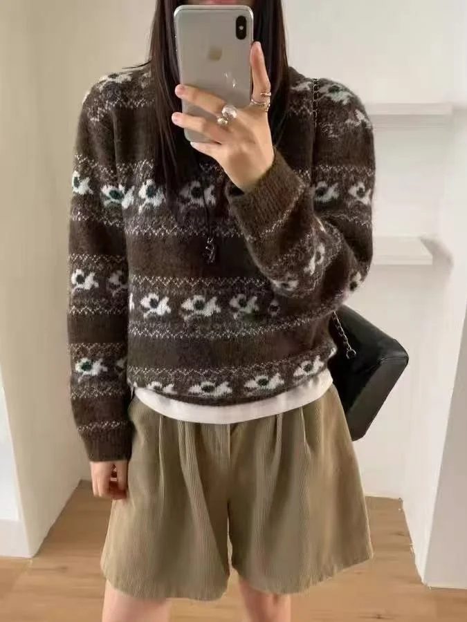 Korean Sle Fair Isle Knitted Sweater Women's Lazy Sle Overhead College Sle Trendy Flower Embroidery Polyester Fiber