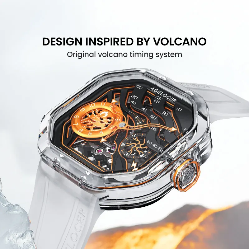 AGELOCER Original Volcano Watch Men's Square Crystal Case Luxurious Skeleton Automatic Mechanical Watch Birthday Gift for Men