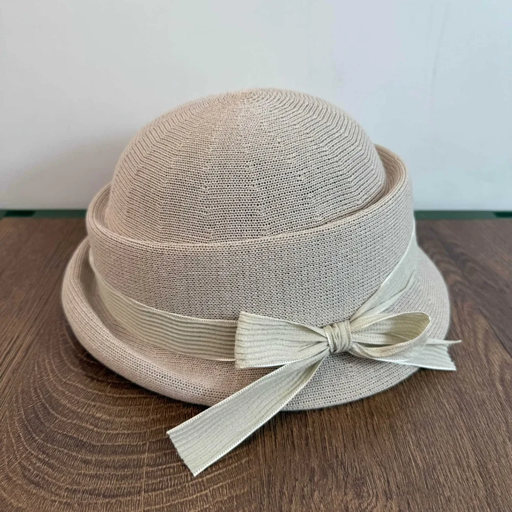 

Elegant Bowknot Bow Topper Hat Weave Thin Hepburn Style Formal Hat Knitted Flat-top Women Bucket Hat Streetwear