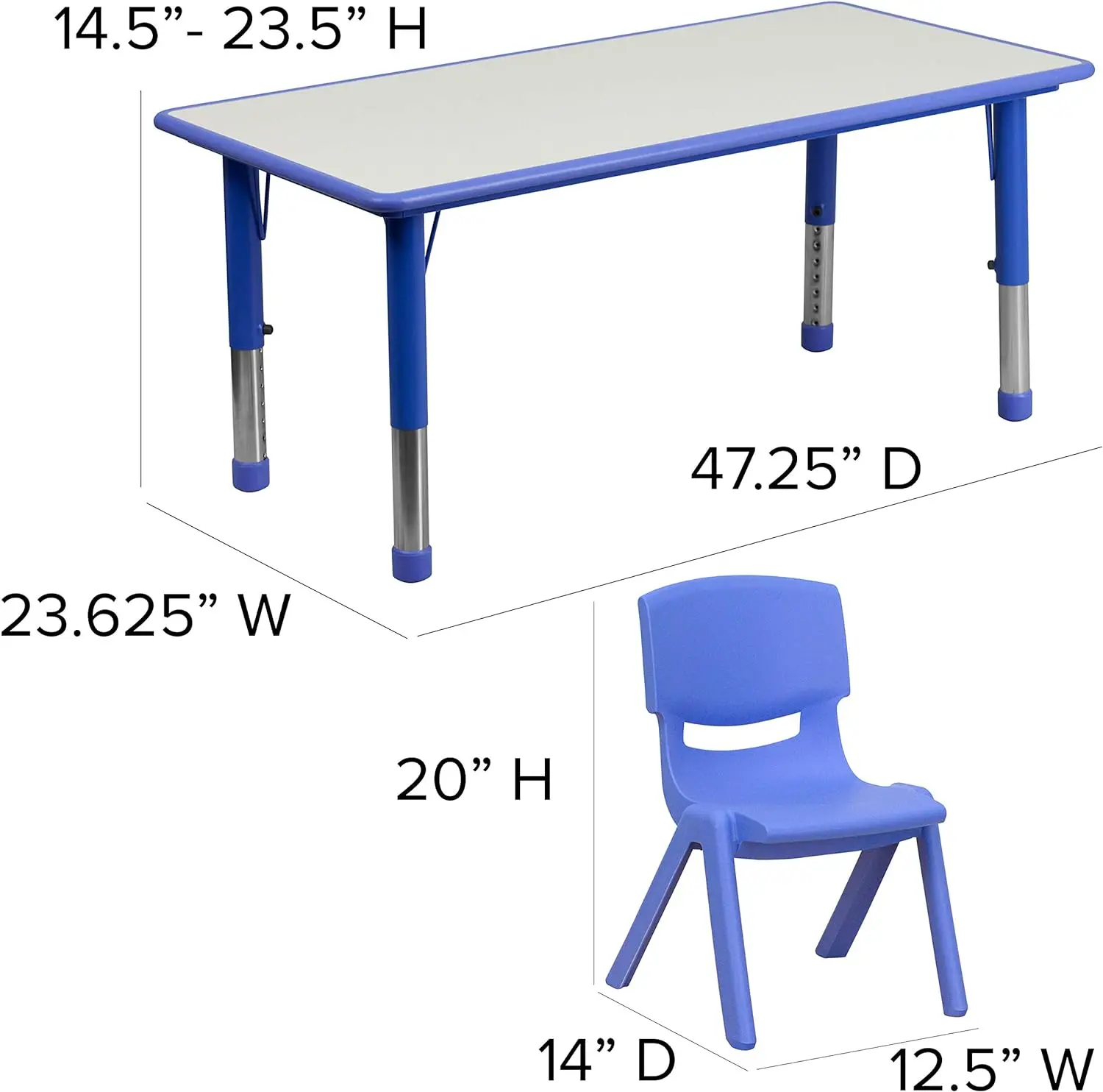 Adjustable Classroom Activity Table with 6 Stackable Chairs, Rectangular Plastic Activity Table for Kids, 23.625" W x 47.25" L