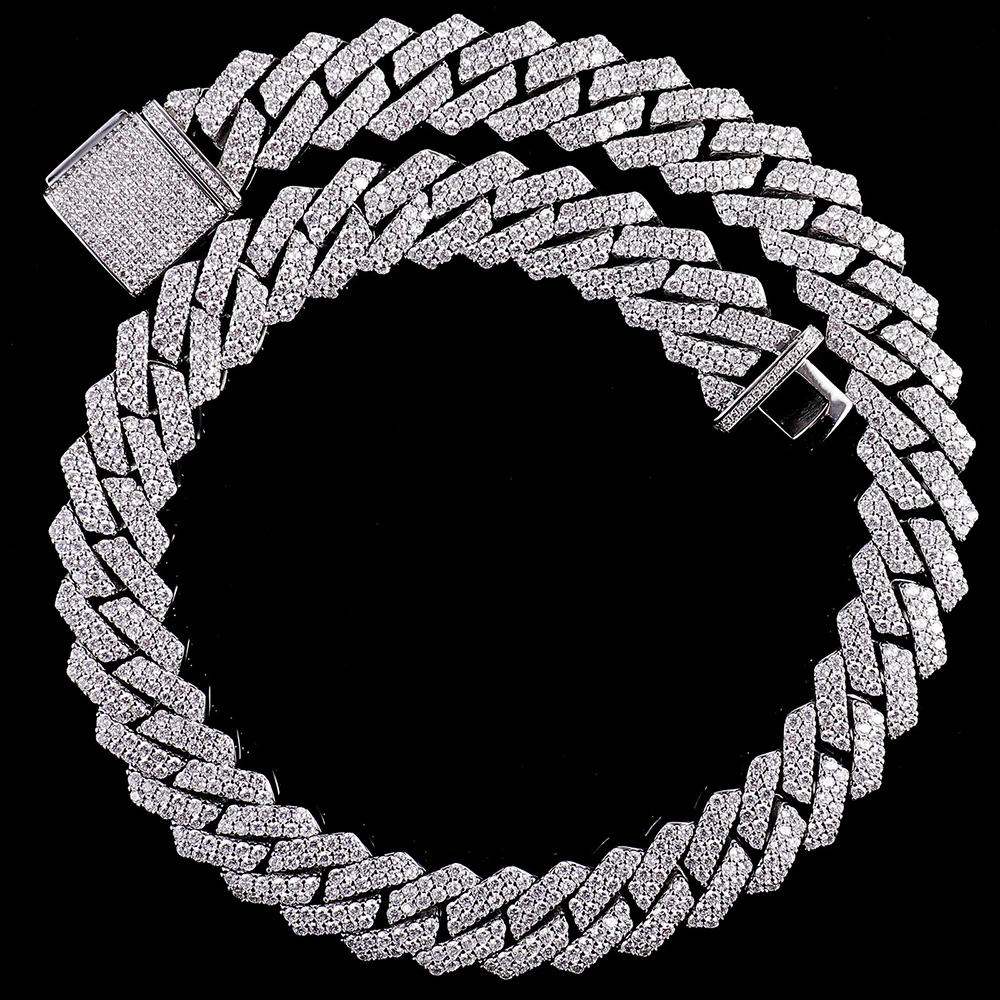 14mm D Color Moissanite Cuban Necklace Bracelet for Women Men S925 Silver 18K Plated Hip Hop 2 Row Stone Cuban Chain (Customize）