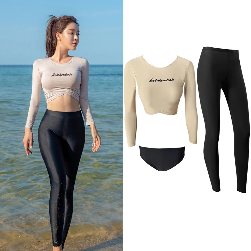 

wisuwore Korean Long Sleeve Rash Guard Women Solid 3 Pieces Swimsuit Swimwear Surfing Suit Bathing Suit Black Long Pant