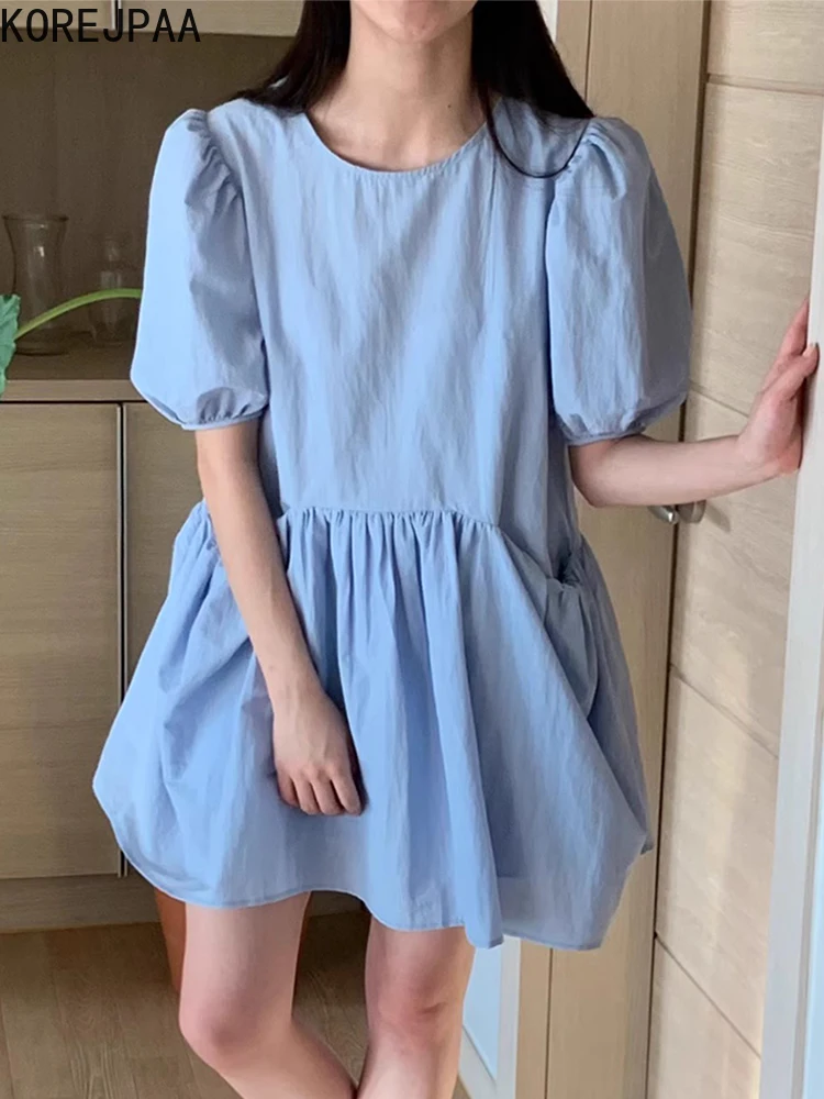 Korejpaa Korean Chic Summer Dress Gentle Round Neck Large Pocket Bubble Sleeves Mini Dresses Women Simple Solid Vestidos