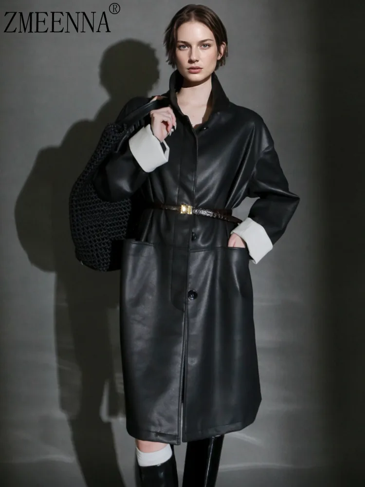 

ZMEENNA Women's Oversized Faux Leather Coat Collarless Single Breasted Long Winter Jacket With Pockets And High Low Hem ZM4003