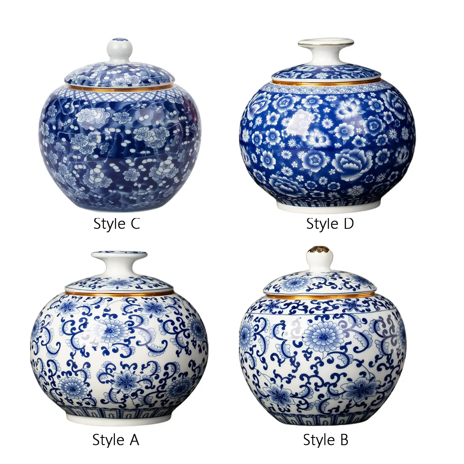Ginger Jar Temple Jar Tea Storage Jar Glazed Blue and White Vase Floral Print Jar for Desktop Weddings Home Piece Office Decor
