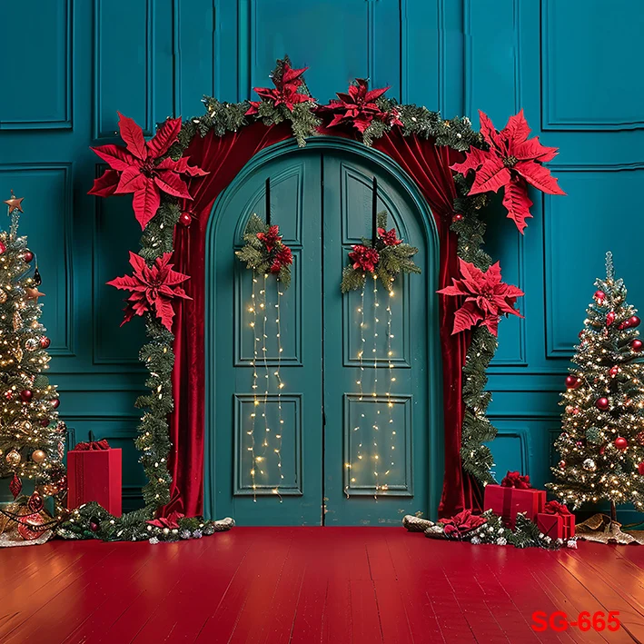 خلفية تصوير بباب أخضر مع أضواء لامعة ، إطار عيد الميلاد ، شجرة عيد الميلاد ، خلفية عطلة عائلية ، طفل