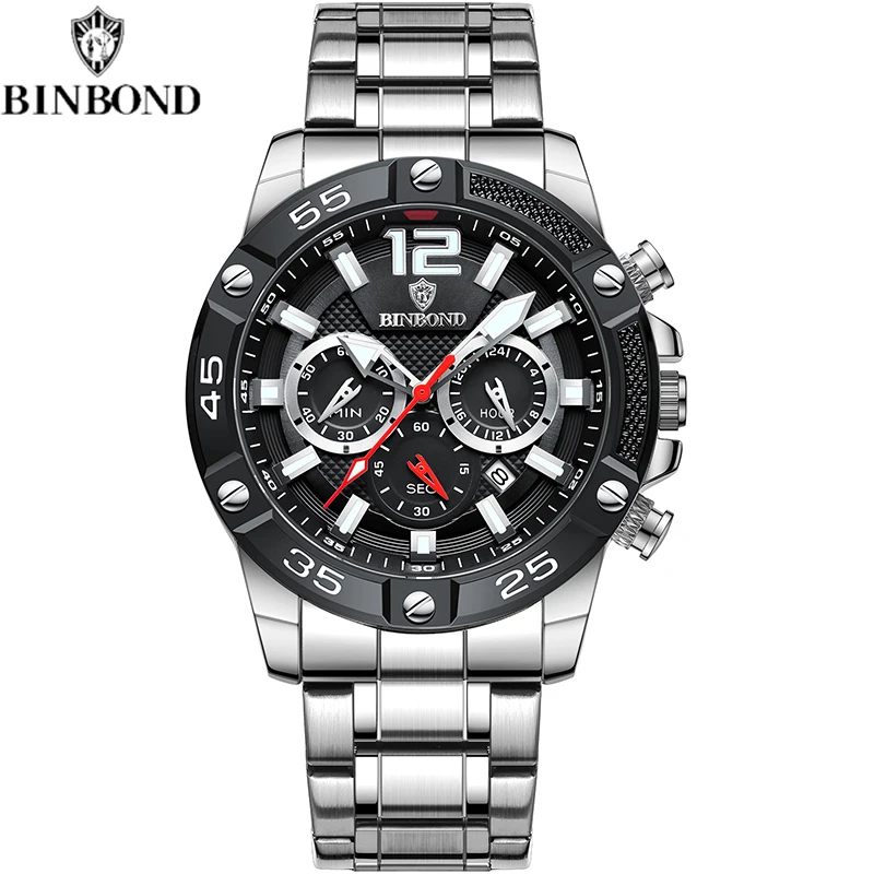 BINBOND Luxury Brand  Men Quartz Watch Sport Waterproof Luminous Chronograph New Hot Business Men\'s Wristwatch Relogio Masculino