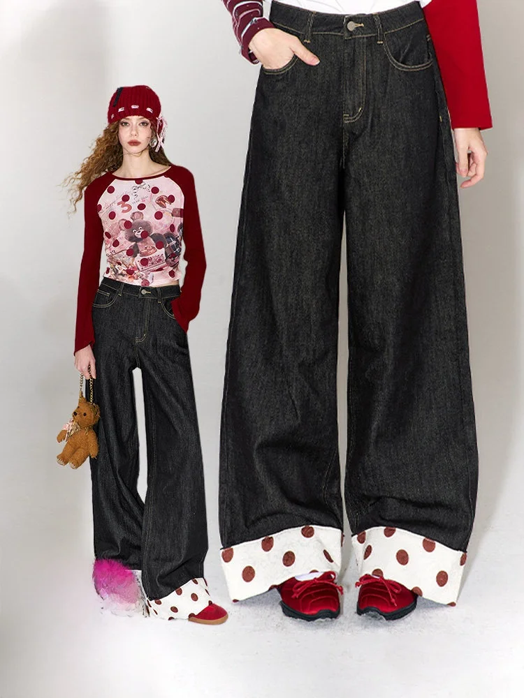 

High Waist Straight Leg Jeans Women's Early Spring Loose Fit Printed Patchwork Casual Sle Spring Season Ladies Jeans