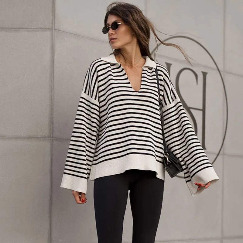 Talenza Herbst Neue frauen Mode Kragen Gestreiften Übergroßen Stricken Pullover Pullover Schwarz Casual Büro Dame Chic Weibliche Pullover