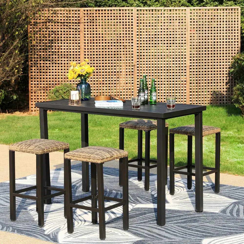 

Outdoor Tall Bar Table, 55x27 Counter Height Dining Table with WoodLike Metal Frame amp Adjustable Feet, Black High Top Pub Caf