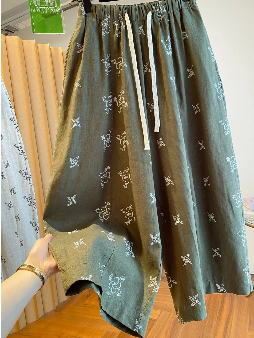 Retro Print Cotton Linen Wide Leg Pants Women Summer Thin Loose Fit Versatile Nine Point Straight Cut Trousers Trendy Casual ...