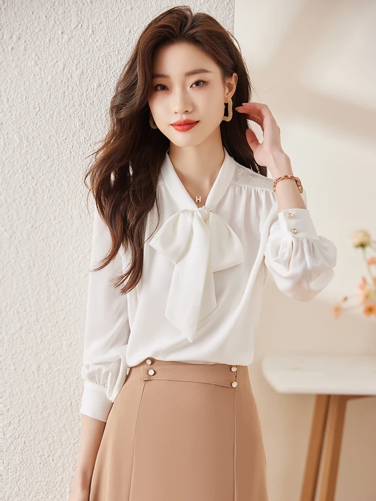 

Elegant White Women's Long Sleeve Shirt with Bow Tie Fashionable Commute Style Korean Version V-Neck Button Detail Polyester ...
