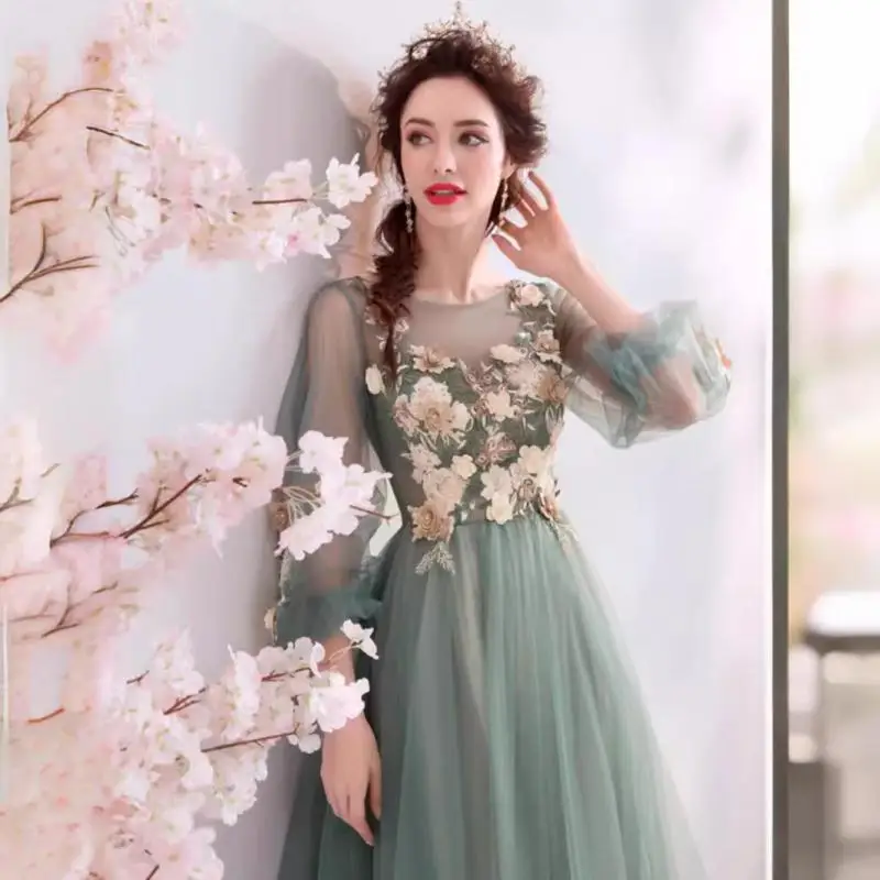 Mesh Long Sleeved Dress With A Fresh And Green Temperament For The Annual Party Performance Host's Evening Gown Customized