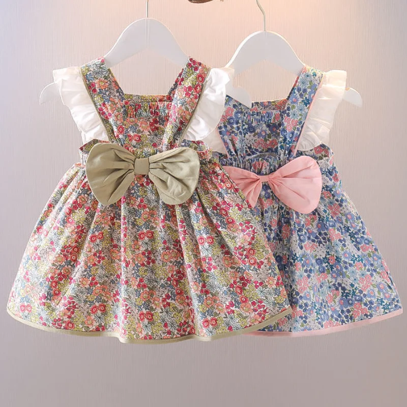 

Baby's Summer Lotus Leaf Skirt Shoulder Strap Skir Butterfly Knot Floral Cotton Girls' Dress Sweat Absorbing Breathable Clothing