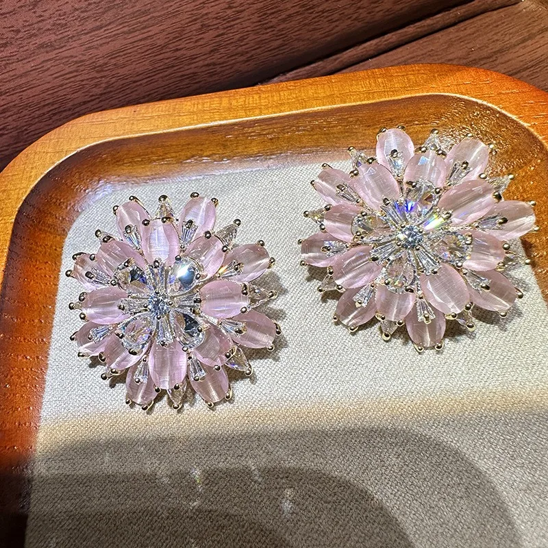 

3D Pink Petal Fully Paved Crystal Flower Earrings with Gold 925 Silver Studs