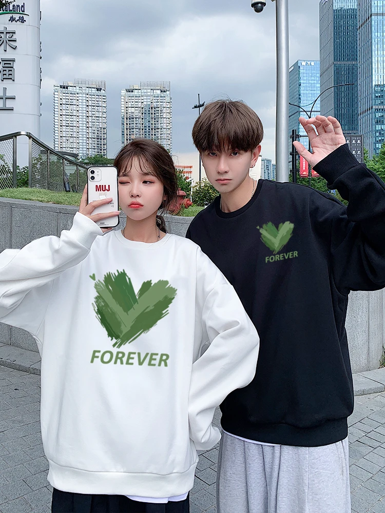 Green Love Heart Print Matching Round Neck Couple Friend Hoodies Sweatshirts For Girlfriend Boyfriend Autumn Winter Custom