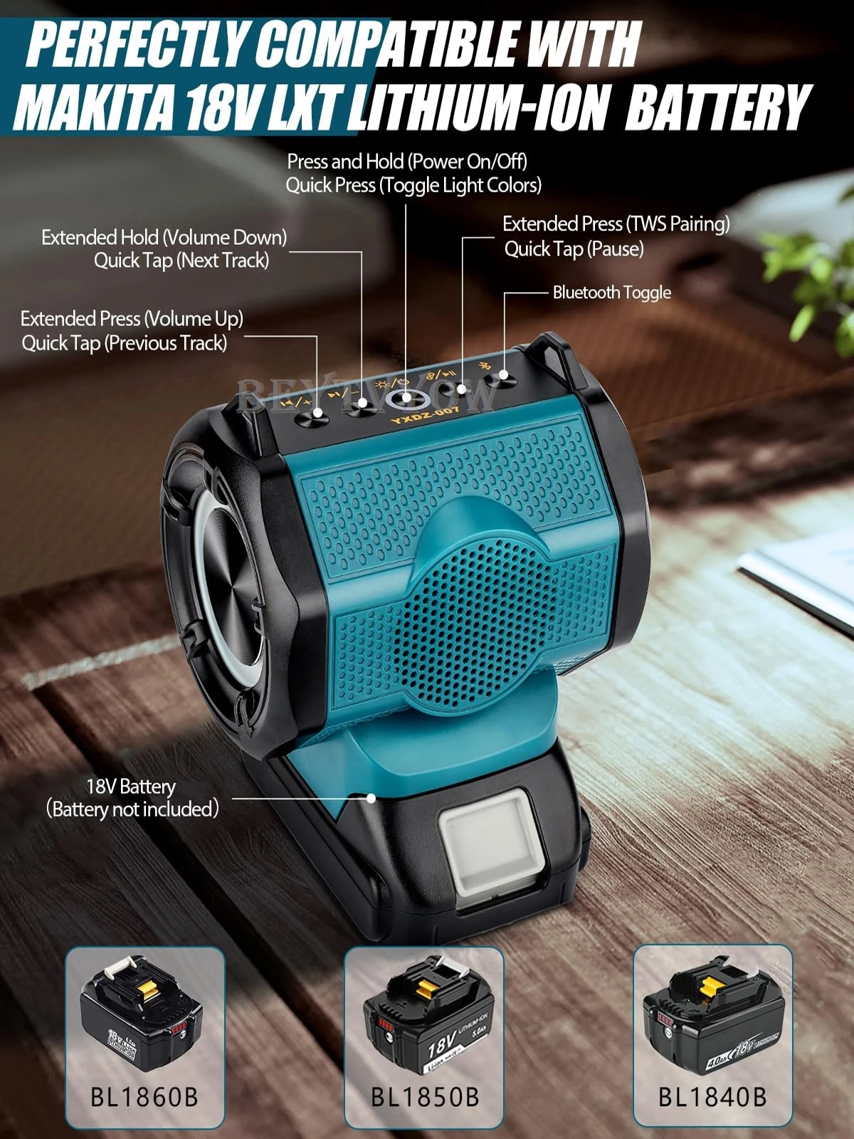 

30W Cordless Bluetooth Speaker for Makita 14-18V LXT Battery With USB-A/C ports Small Speaker with RGB Light for Jobsites Home