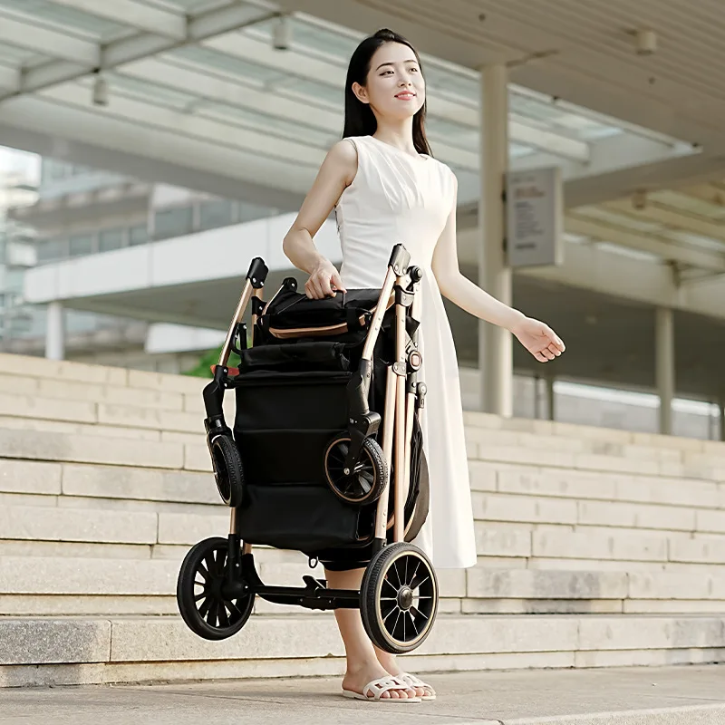 3 in 1 Baby Stroller High View Comfortable Sleeping Basket Cart Lightweight Two-way Push Trolley Foldable Travel Pram